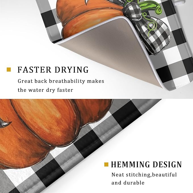 Fall Pumpkin Dish Drying Mat for Kitchen Counter Black White Buffalo Check - Image 3