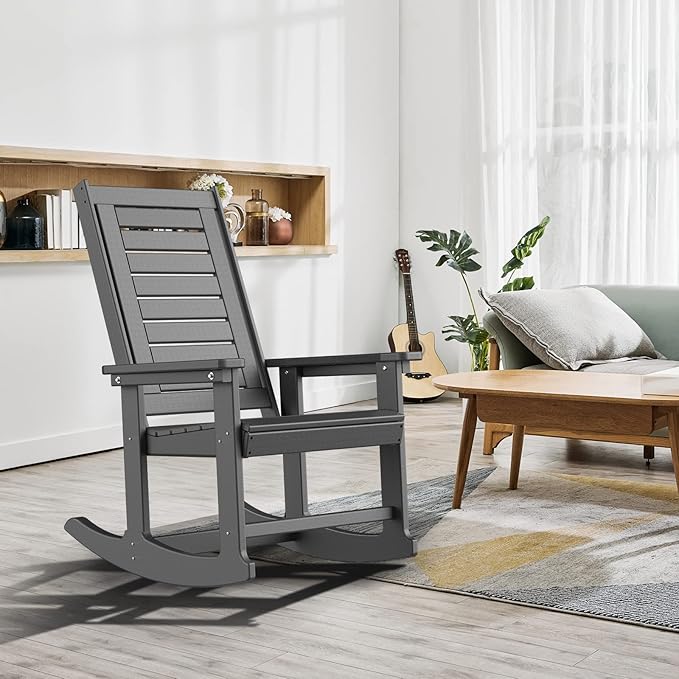 GREENVINES Outdoor Rocking Chairs | Set of 4 | Porch Rocker | HDPE Plastic | Grey | Oversized Rockers | High Back | Big & Tall | Ladder Back | for Patio Outside Backyard Balcony Garden - Image 5