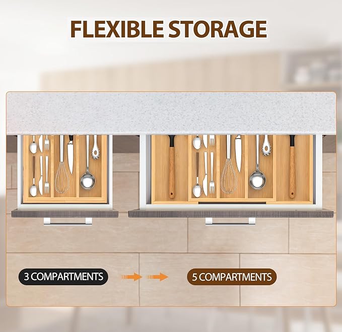 Bamboo Expandable Kitchen Drawer Organizer, 3-5 Slots Drawer Organizer - Image 6