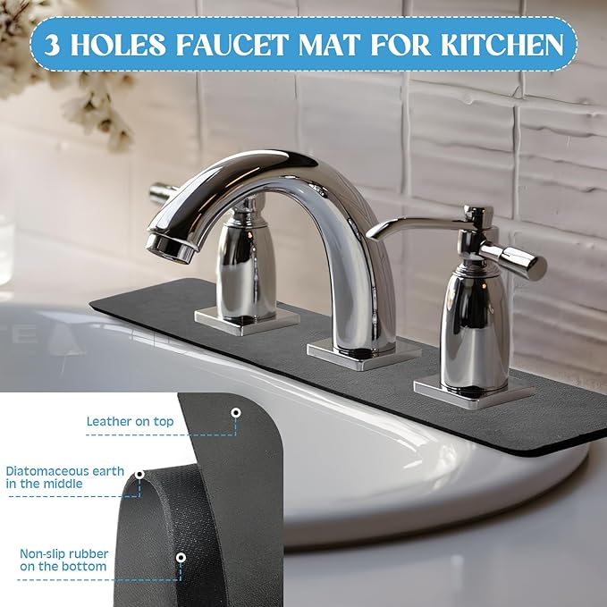 Tioncy 2 Pcs 3 Hole Faucet Mat for Kitchen Sink Kitchen Faucet Absorbent Mat - Image 5