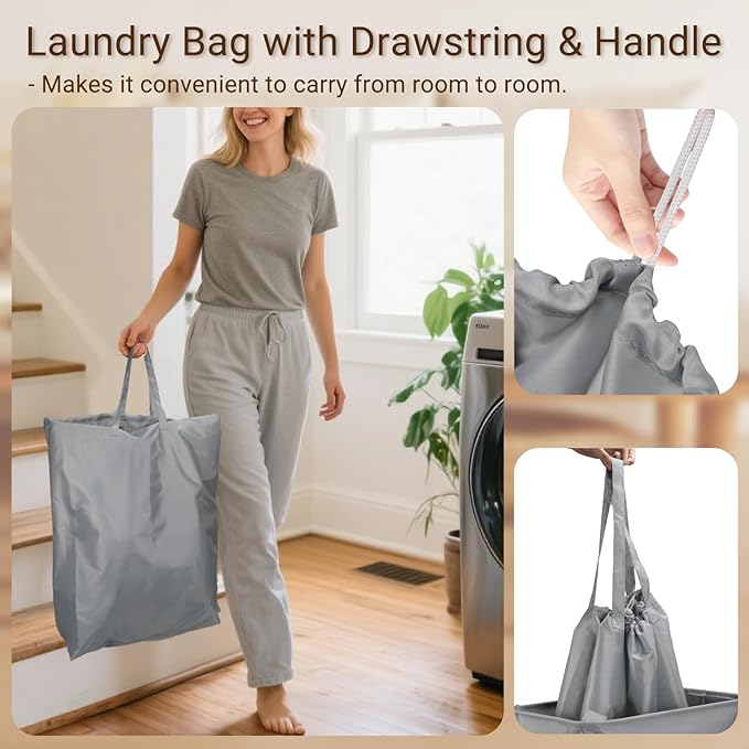 Foldable Laundry Hamper with Lid & Laundry Bag with Drawstring, Portable - Image 4