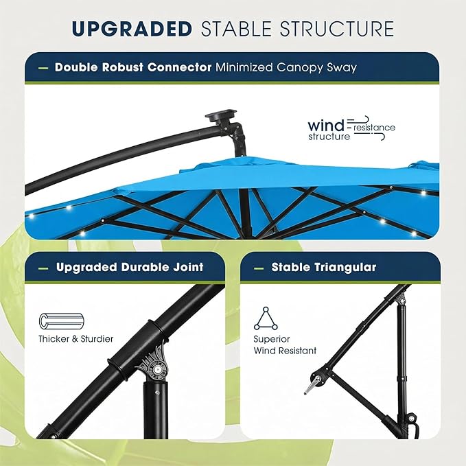 wikiwiki 10ft Solar LED Patio Umbrella with Base Included, Offset Umbrella with Sandbag Base, Cantilever Patio Umbrellas for Backyard, Garden & Deck, 32 LED Lights & Polyester Shade, Royal Blue - Image 7