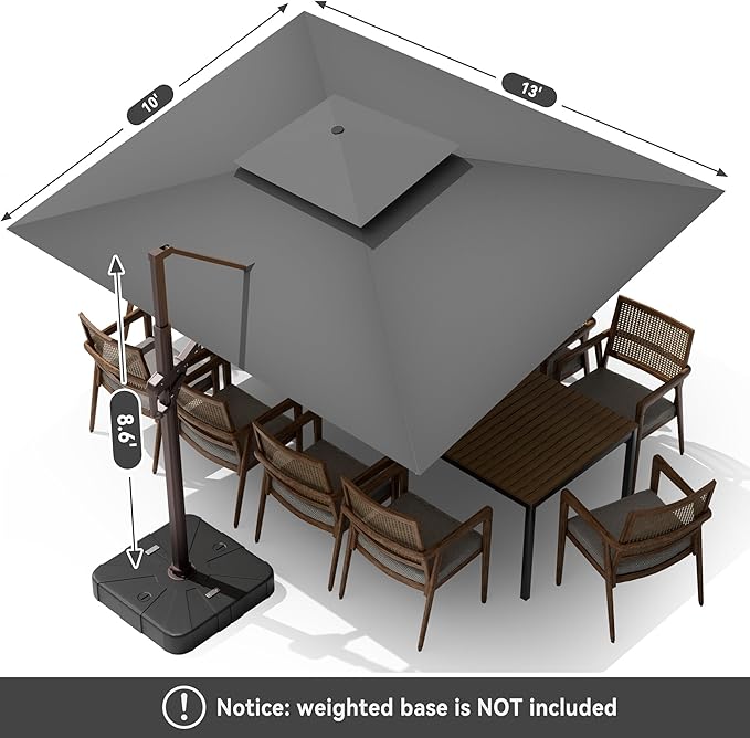 10 X 13 FT Cantilever Outdoor Patio Umbrella with Led Lights Large Heavy Duty 360° Rotation Double Top Offset Rectangular Umbrellas for Backyard Garden Pool Outside Deck, Grey - Image 8