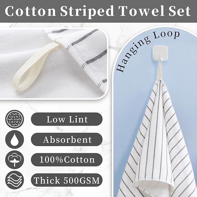 4-Pack Striped Hand Towels, thick 450GSM, Ultra-Absorbent & Quick-Drying ，100% - Image 2