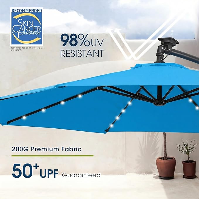 wikiwiki 10ft Solar LED Patio Umbrella with Base Included, Offset Umbrella with Sandbag Base, Cantilever Patio Umbrellas for Backyard, Garden & Deck, 32 LED Lights & Polyester Shade, Royal Blue - Image 4
