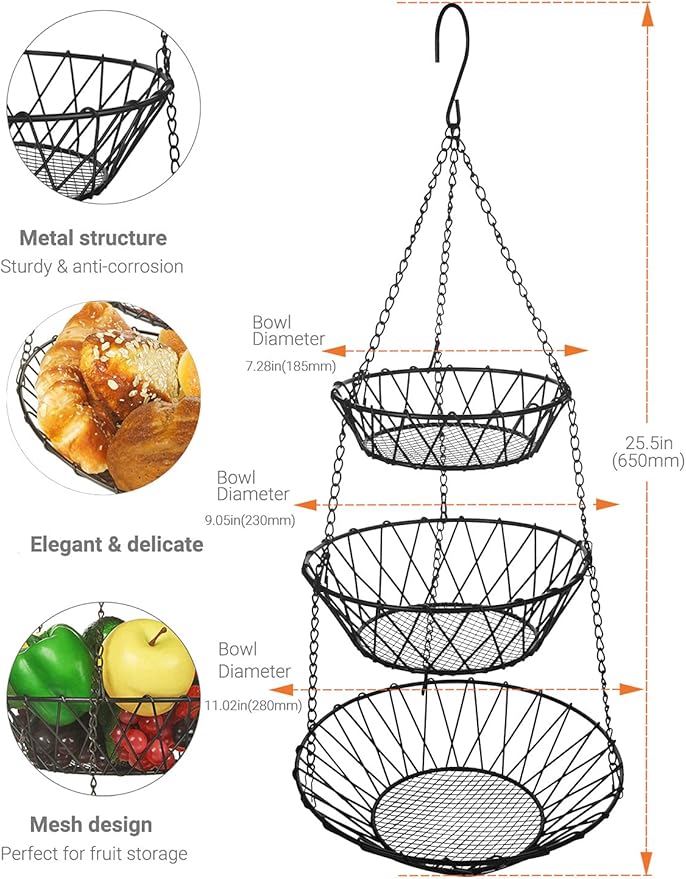3 Tier Hanging Basket with Sturdy Metal Chain Hanging Hooks Fruit and Vegetable - Image 5