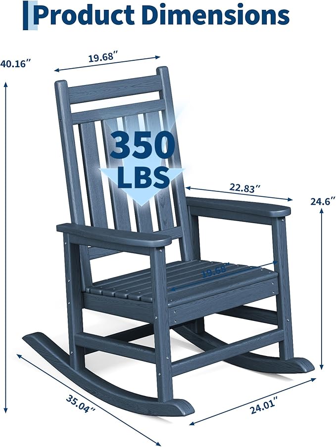 HDPE Rocking Chair Outdoor- Poly High Back Porch Rocker Chairs for Adults - All Weather Resistant Furniture for Patio Front Porch - Navy Blue - Image 3