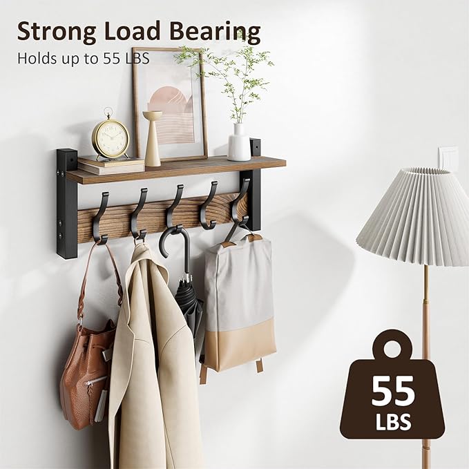 Coat Rack Wall Mount with Shelf, 17.1 Inch Coat Hanger, Entryway Wall Key Holder - Image 3