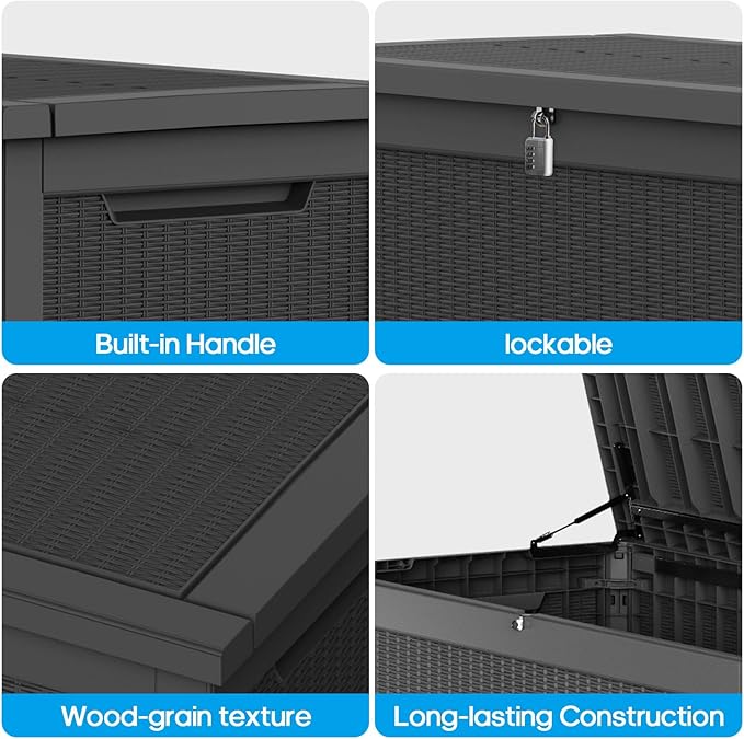 ROJIK Outdoor Storage Housing Deck Box - Waterproof Patio Furniture, Garden Tools, Cushions, Pool Accessories Storage Bench with Lockable Lid and Side Handles (Black, 315 Gal) - Image 5