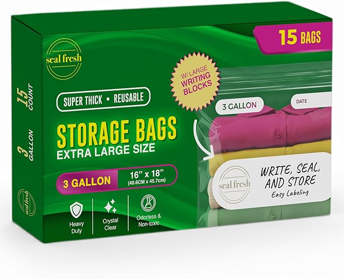 3 Gallon Large Plastic Storage Bags – 16" x 18" – Reusuable XXL Extra Large by SealFresh