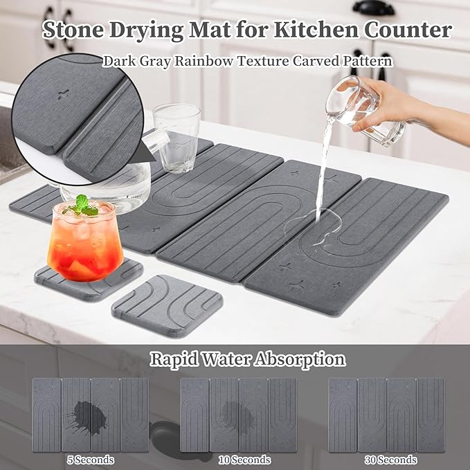 Large Stone Dish Drying Mat for Kitchen Counter, Foldable Diatomaceous Earth - Image 3