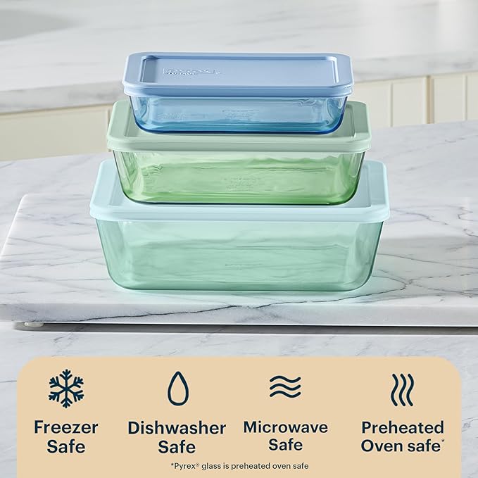 Pyrex Colors Tinted Glass Rectangle Food Storage Container Set, Snug Fit - Image 5