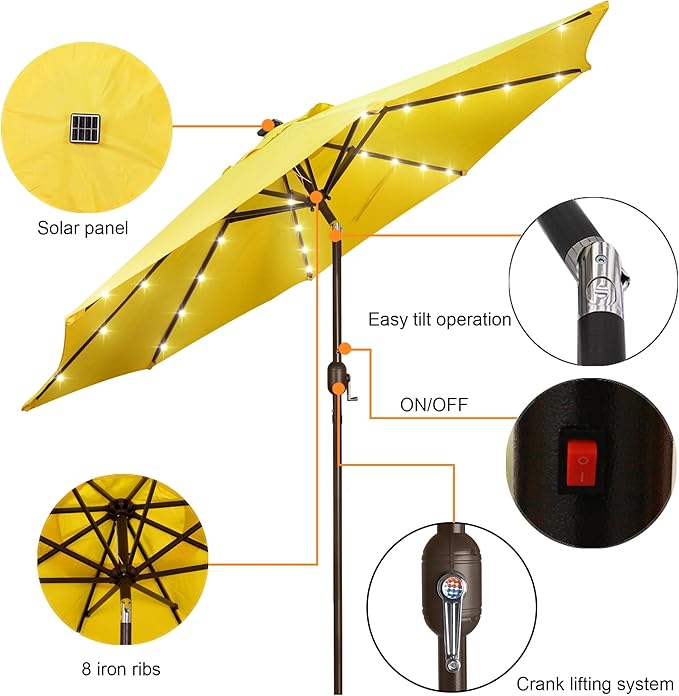 Blissun 9 ft Solar Umbrella, 32 LED Lighted Patio Umbrella, Table Market Umbrella, Outdoor Umbrella for Garden, Deck, Backyard, Pool and Beach (Yellow) - Image 2