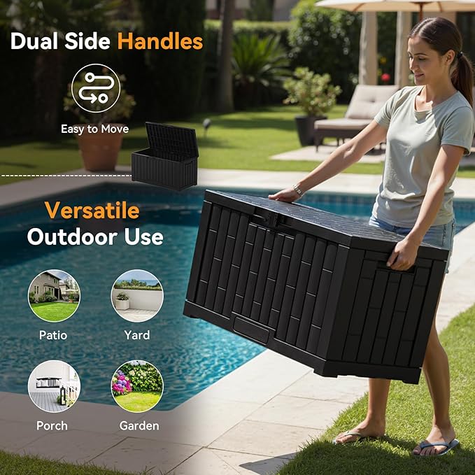 NEWBULIG 60 Gallon Deck Box, Waterproof Outdoor Storage Box with Lockable Lid, Patio Furniture Bench & Side Table, Outside Storage Container, Tool-Free Assembly, for Garden, Pool, Black - Image 5