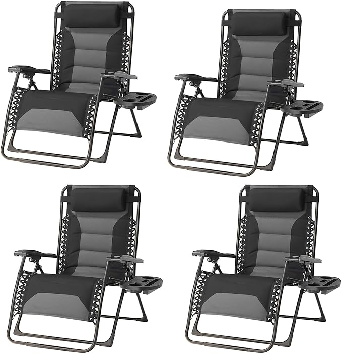 Zero Gravity Chair Set of 4 Oversized Padded Recliner with Adjustable Headrest & Cup Holder - 600D Oxford Folding Lounge Chair for Outdoor Camping, Patio, Poolside (Black & Gray) by Unknown