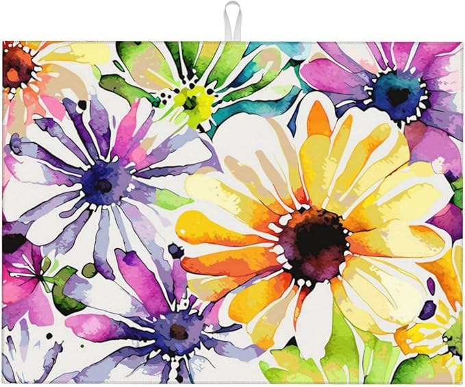 Absorbent Dish Drying Mat For Kitchen Counter, Colorful Flowers Microfiber Dish by indokyeyqaz