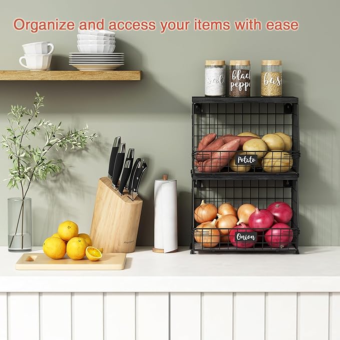 Black Kitchen Wall Hanging Storage Basket Set of 2, Rustic Stackable Kitchen - Image 2