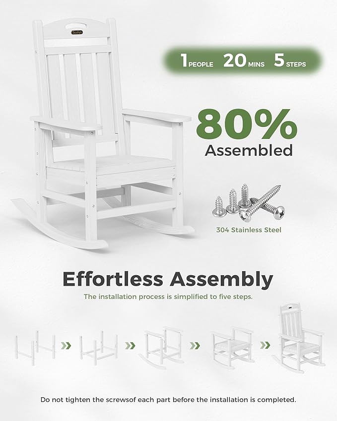 Oversized Rocking Chairs Outdoor Set of 2, High Back Porch Rocker Chair, HDPE All Weather Resistant Rocking Chairs for Patio, 380lbs Weight Capacity, White - Image 8