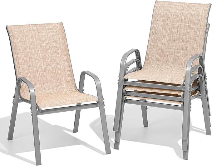 Patio Chairs Sset of 4, Easily Set Up Stackable Outdoor Dining Chairs with High Back and Wide Seat, All Weather Breathable Outdoor Chairs Set of 4 with Metal Frame for Backyard Deck Pool, Beige by Dovov