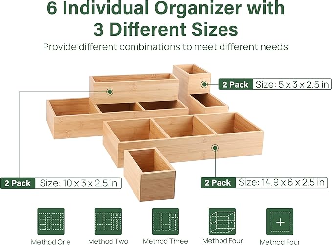 Kootek 6 Pcs Bamboo Drawer Organizer Utensil Tray Kitchen Storage Box 3-Size - Image 2