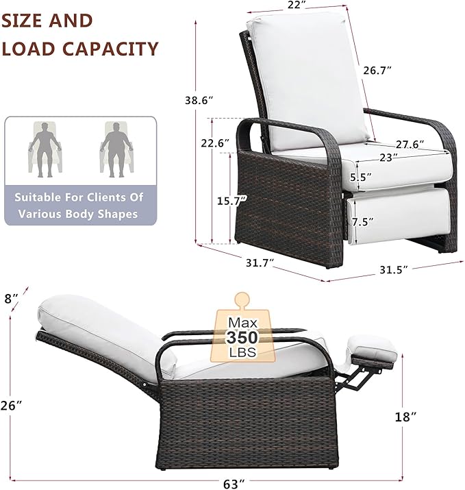 ART TO REAL Outdoor Recliner, Automatic Adjustable Wicker Lounge Recliner Chair with 5.12'' Thicken Cushion, All Weather Aluminum Frame, Brown Wicker + Beige Cushion - Image 2