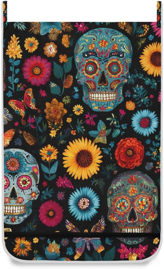 Mexican Skulls and Flowers Hanging Laundry Hamper Door Hampers Bag Basket - Image 2