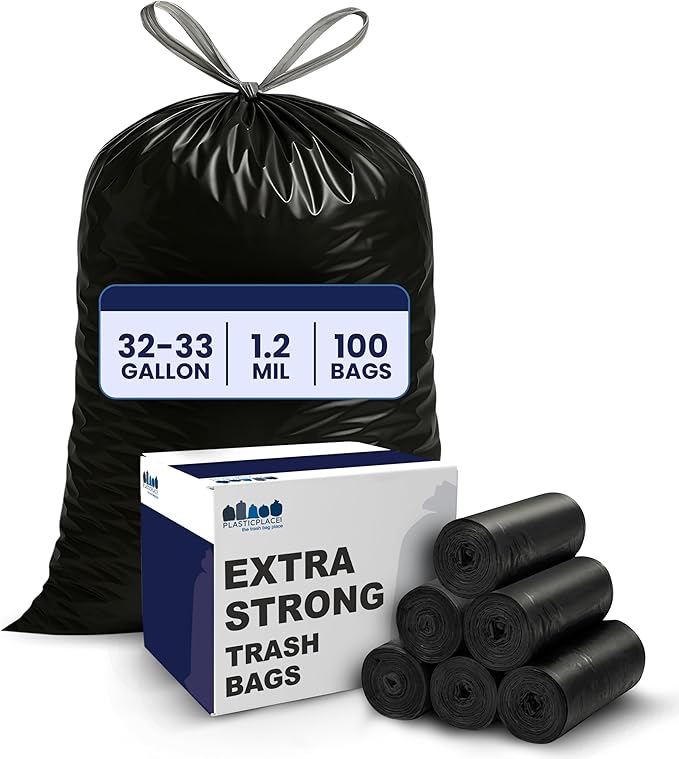 Plasticplace 32-33 Gallon Trash Bags │ 1.2 Mil │ Drawstring Garbage Can Liners by Plasticplace