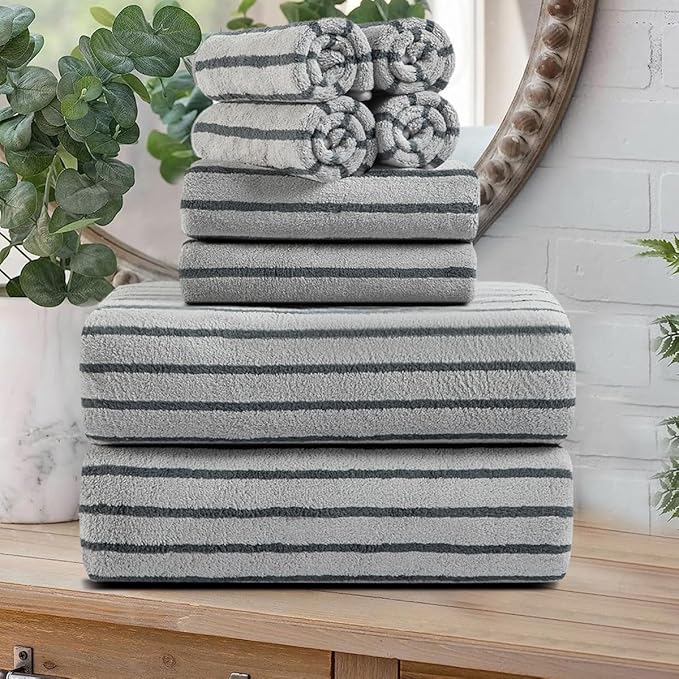 Oliven 8 Pcs Gray Cabana Stripe Bath Towel Set Oversize Bath Sheet-2 Bathroom by Oliven