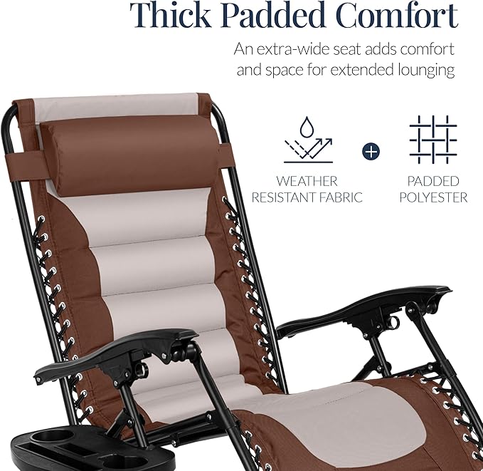 Best Choice Products Oversized Padded Zero Gravity Chair, Folding Outdoor Patio Recliner, XL Anti Gravity Lounger for Backyard w/Headrest, Cup Holder, Side Tray, Polyester Mesh - Brown/Oyster - Image 4