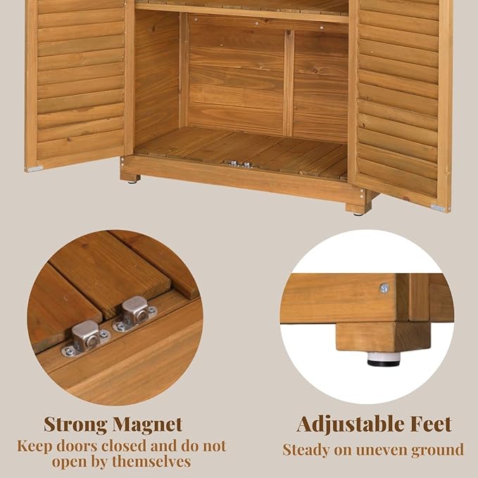 Outvita Outdoor Storage Cabinet, 63in Wooden Garden Tools Shed with 2 Lockable Doors, 3 Adjustable Shelves, Waterproof Roof for Yard Garge Patio Deck Porch, Natural - Image 3