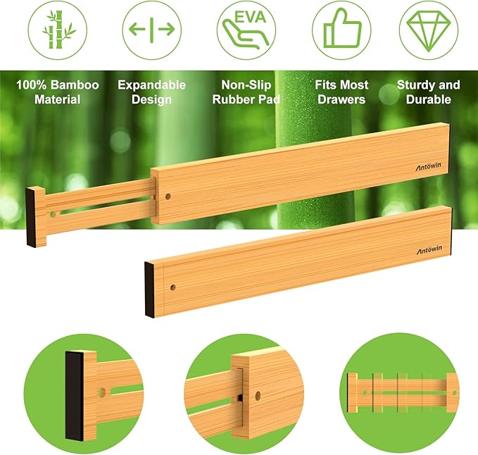 ANTOWIN Bamboo Drawer Dividers Organizers 16pcs, Expandable Drawer Separators - Image 4