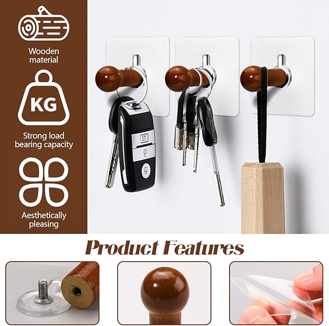 10Pcs Wood Wall Hooks, Natural Wooden Coat Hooks Wall Mounted, Rustic - Image 3