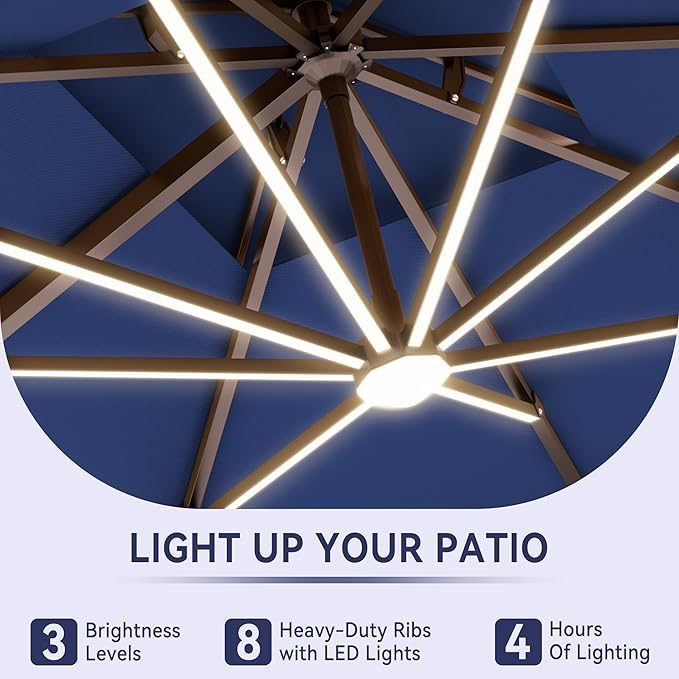 10 X 13 FT Cantilever Outdoor Patio Umbrella with Base Included Large Heavy Duty 360° Rotation Double Top Offset Rectangular Umbrellas with Led Lights for Backyard Outside Deck, NAVY - Image 3