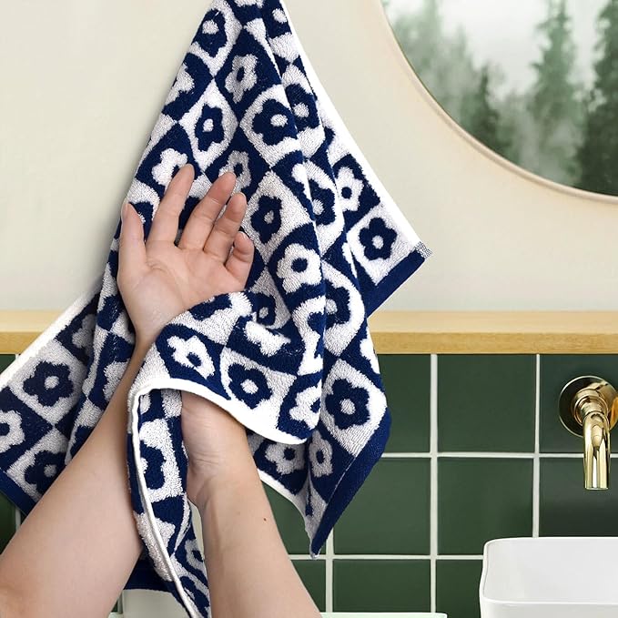 Jacquotha Cotton Hand Towels Navy Checkered Floral - Image 7