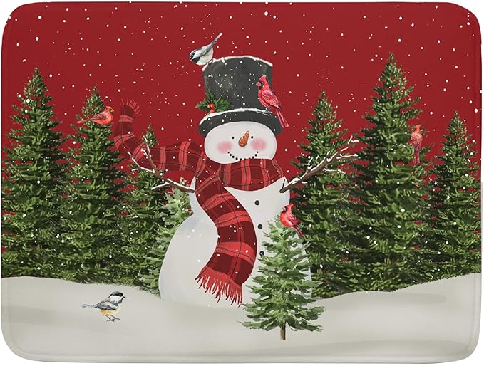 Christmas Dish Drying Mat for Kitchen Counter Red Xmas Snowman Trees Birds by Kawani