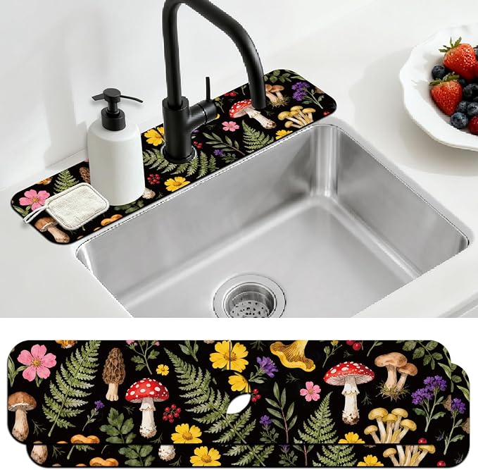 2 Pcs Kitchen Sink Splash Guard Faucet Mats Colorful Mushrooms and Flowers by CONCHLERY%E6%97%97%E8%88%B0%E5%BA%97