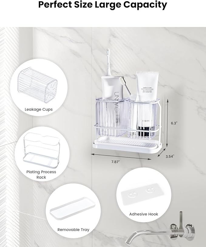 KONE Clear Toothbrush Holders for Bathroom, 2 Cups Wall Mounted, Dry & Wet - Image 2