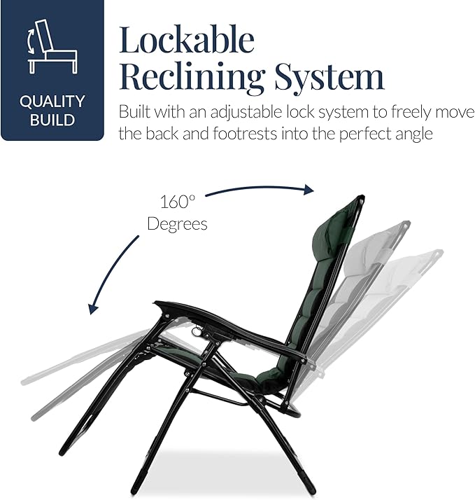 Best Choice Products Oversized Padded Zero Gravity Chair, Folding Outdoor Patio Recliner, XL Anti Gravity Lounger for Backyard w/Headrest, Cup Holder, Side Tray, Polyester Mesh - Forest Green - Image 9