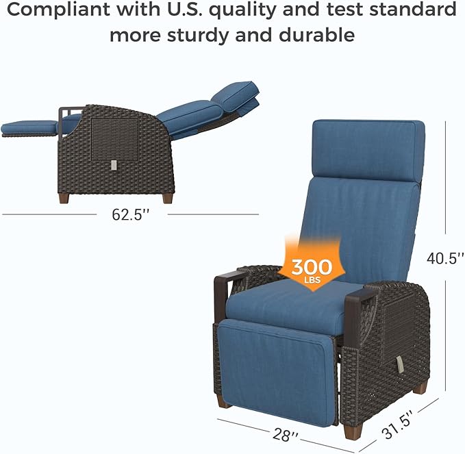 Grand patio Outdoor Recliner Air Pump 150° Lay Flat Reclining Chair with Independent Adjustable Back and Footrest Removable Olefin Cushion Flip-Up Table Wicker Peacock Blue 2PCS - Image 2