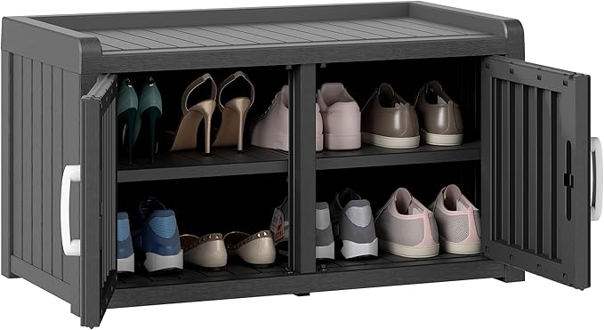 2-Tier Storage Bench, Waterproof UV-Resistant Outdoor Shoe Storage Cabinet with 2 Doors & Adjustable Shelves for Indoor Outdoor Entryway, Hallway, Living Room (Black) by NBYSGO