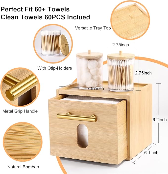 Face Towels Holder with 60 XL Towels, Disposable Towelettes Bamboo Box Cotton - Image 2