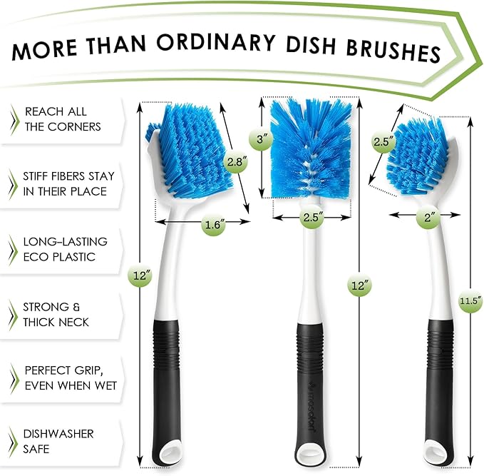 Dish Brush Set of 3 with Water Bottle Brush, Dish Scrub Brush and Scrubber Brush - Image 2