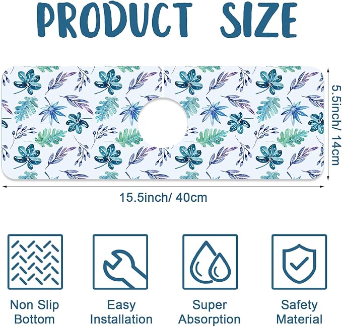 Watercolor Leaves Sink Splash Guard Faucet Mat Tropical Leaves Super Absorbent - Image 2