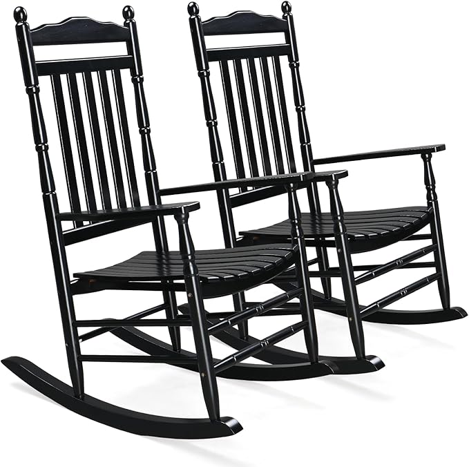 VINGLI Wooden Rocking Chair, Outdoor Chair with 450 lbs Support, Relaxing Rocker with Solid Wood High Back Seat Reclining Seat for Deck, Garden, Backyard, Porch, Indoor or Outdoor Use (Black, 2PCS) by VINGLI