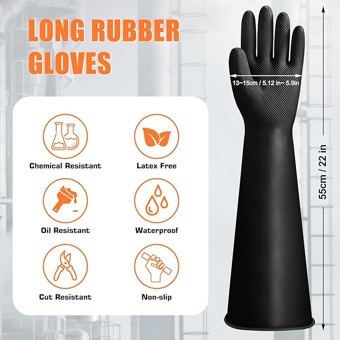 22"Black Anti-Slip Chemical Resistant Rubber Gloves, Long Heavy Duty Glove - Image 2