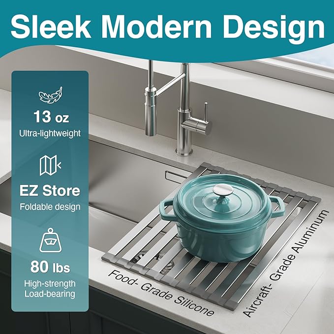 Aluminum Roll Up Dish Drying Rack Over The Sink, 17.7" x 13.4" Rust-Proof - Image 3
