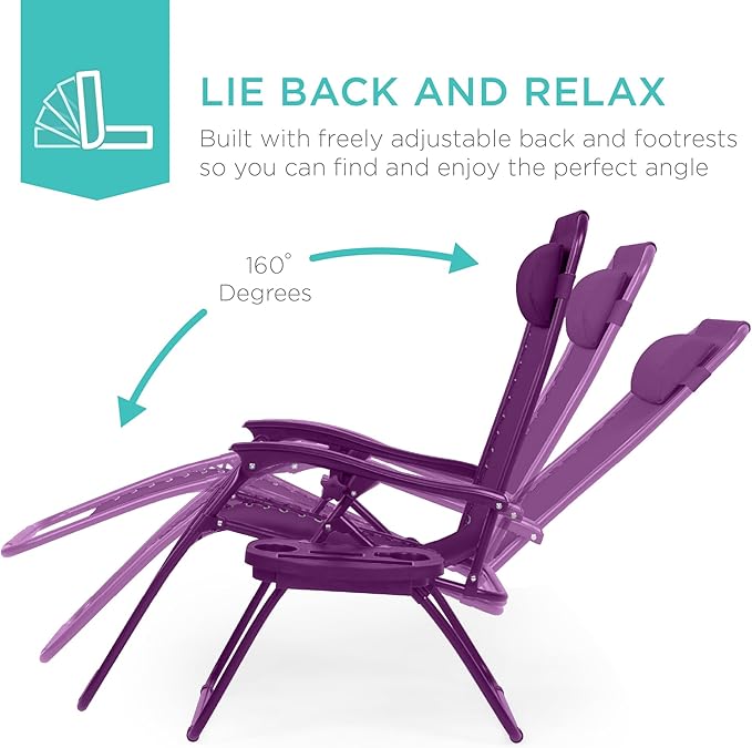 Best Choice Products Set of 2 Adjustable Steel Mesh Zero Gravity Lounge Chair Recliners w/Pillows and Cup Holder Trays - Amethyst - Image 3