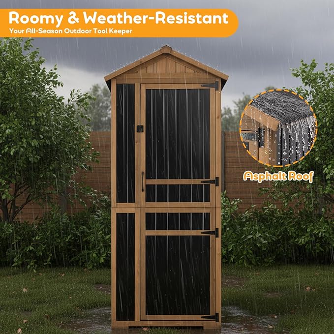 Outdoor Storage Cabinet, Wood & Metal Garden Shed with Waterproof Asphalt Roof, Patio Organizer with 3 Fixed Shelves & Removable Shelf for Long Tools, Lockable Magnetic Doors for Backyard Garage Pool - Image 6