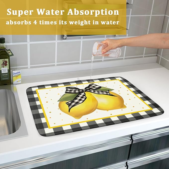 Lemon Dish Drying Mat for Kitchen Counter Spring Summer Black White buffalo - Image 7