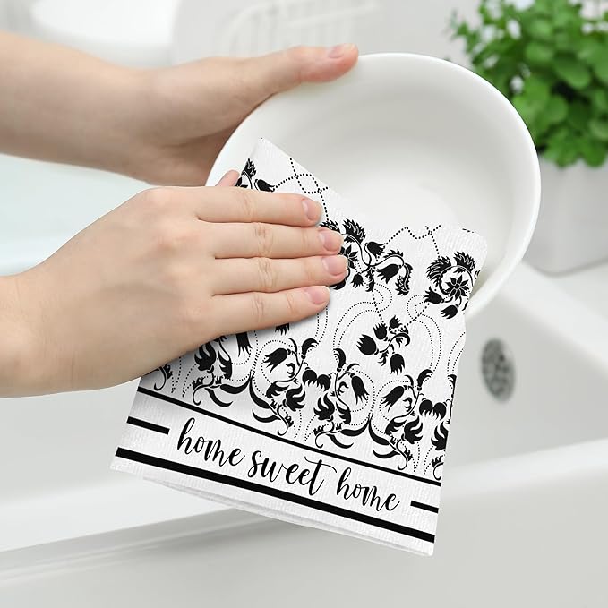 Black Kitchen Towels Decorative Set of 2, Absorbent Boho Floral Dish Towels - Image 4